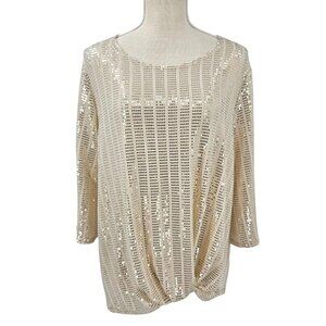Clara Sun Woo Shimmer Sequin Twist Front Top Beige Gold Women's L Party Holiday